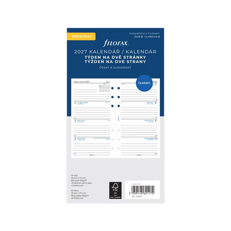 Náhradní vložka do diářů Filofax - kalendář osobní týdenní / 2 strany