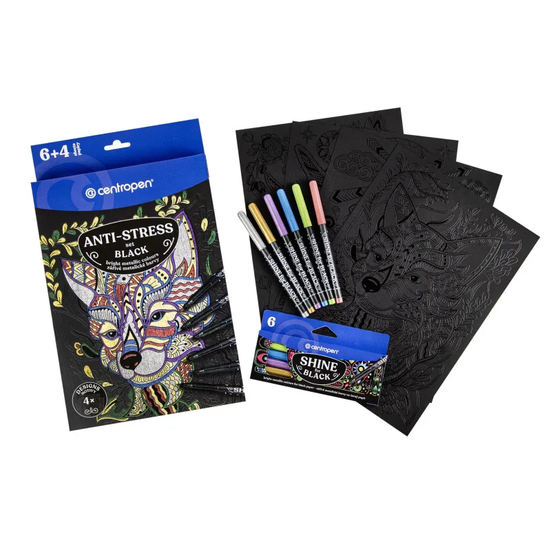 Omalovánky A4 - Antistress black 9390 + 6 ks popisovačů