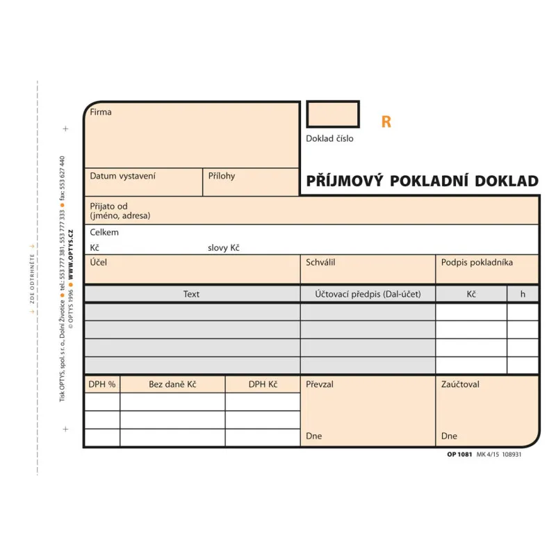 Optys 1081 příjmový pokladní doklad číslovaný 2 x 50 listů NCR A6