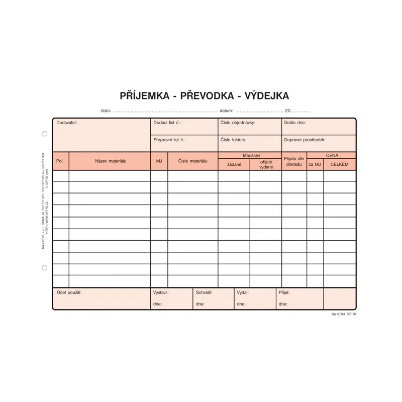 Optys 1087 příjemka - převodka - výdejka 100 listů NCR A5