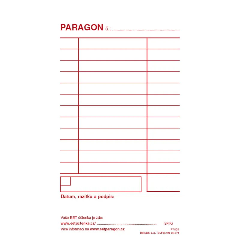 Paragon blok Baloušek 80 x 150 mm / nečíslovaný / 50 listů / NCR / PT005