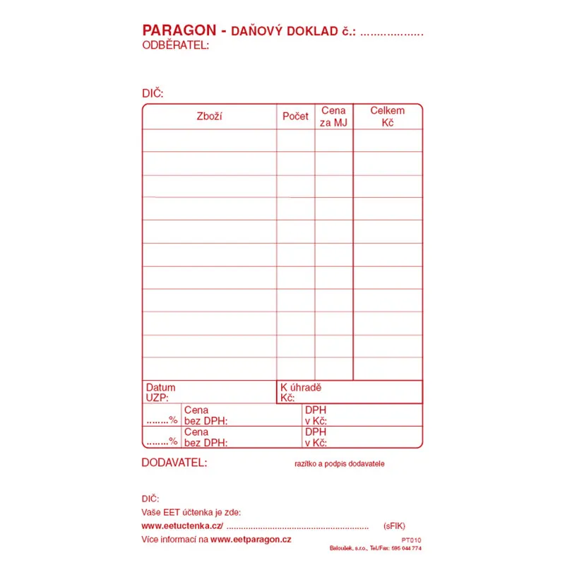 Paragon daňový doklad blok Baloušek 80 x 150 mm / nečíslovaný / 50 listů / NCR / PT010