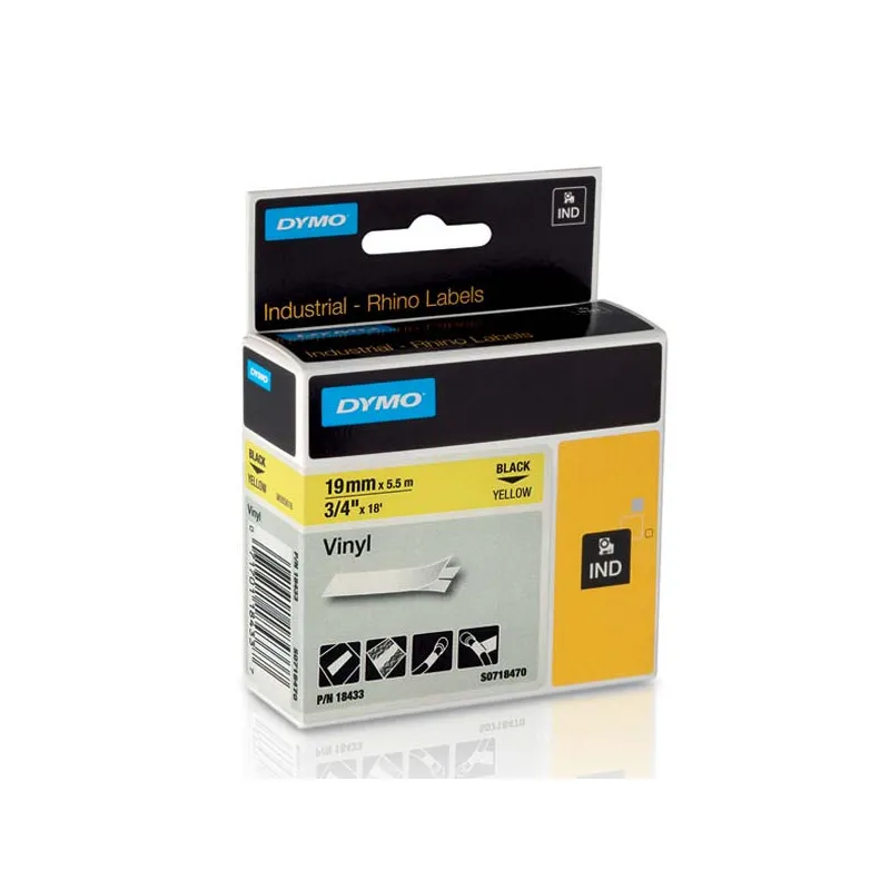 Pásky D1 vinylové permanentní - 19 mm x 5,5 m / černý tisk / žlutá páska