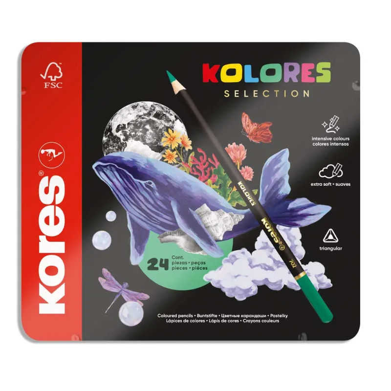 Pastelky Kores Kolores plechový box trojhranné / 24 barev