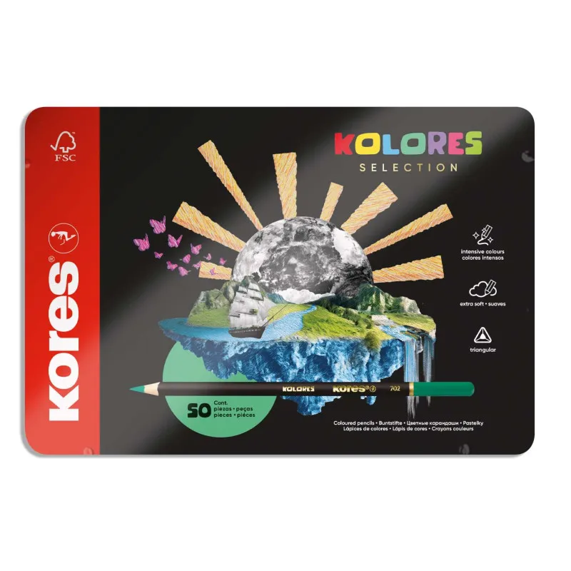 Pastelky Kores Kolores plechový box trojhranné / 50 barev