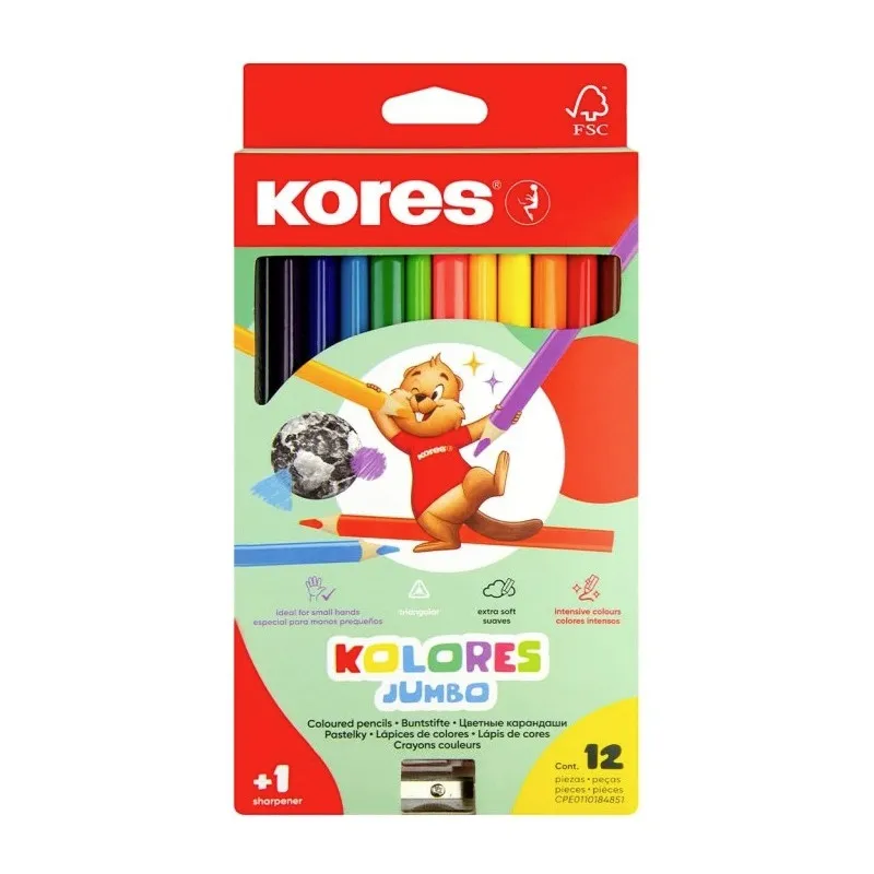 Pastelky Kores Kolores trojhranné / 12 barev / JUMBO + 2x tužka Coach