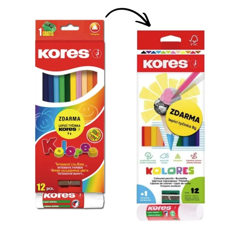 Pastelky Kores Kolores trojhranné 12ks + ořezávátko + 8g lepidlo