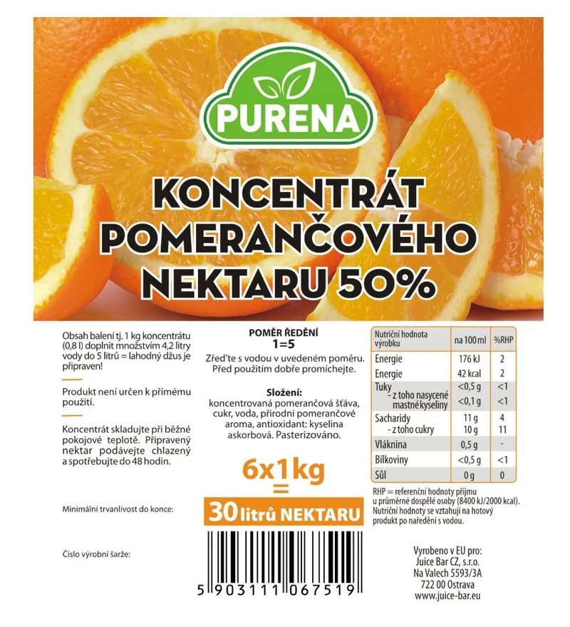 Purena 50% Koncentrát pomerančového nektaru BiB (30l Džusu)