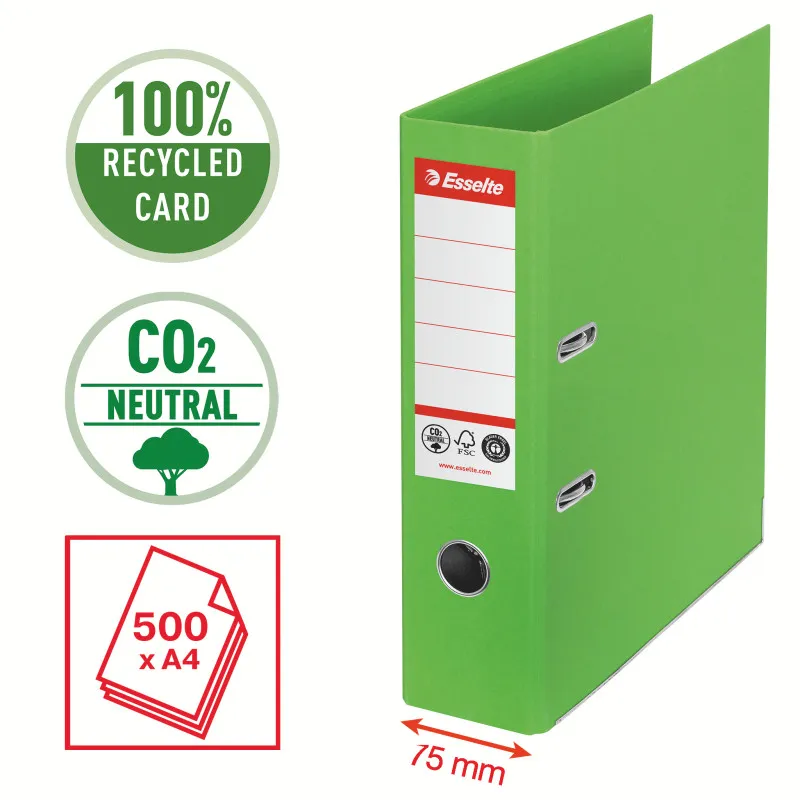Pořadač pákový Esselte CO2 neutrální - A4 / hřbet 7,5 cm / zelená
