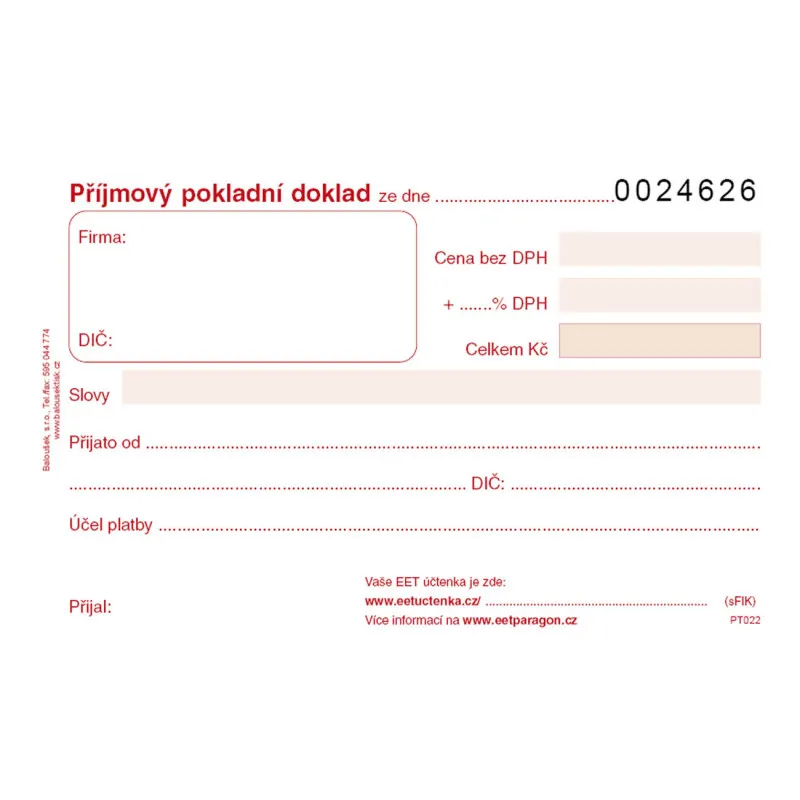 Příjmový pokladní doklad Baloušek A6 / číslovaný / 50 listů 1+1 / PT022