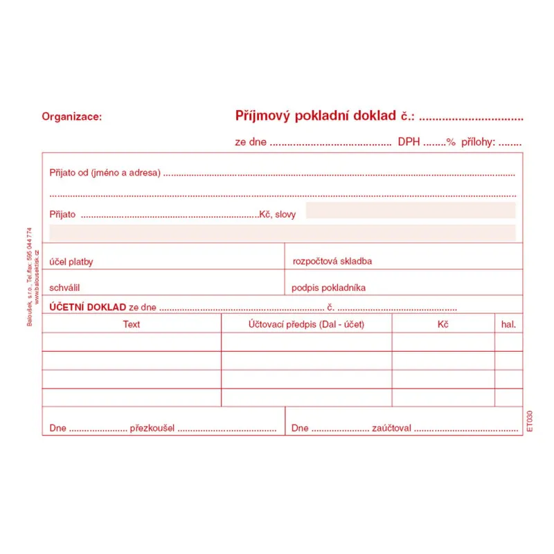 Příjmový pokladní doklad i pro podvojné účetnictví Baloušek A6 / nečíslovaný / 50 listů / ET030
