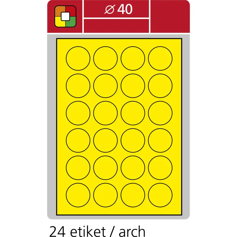 Print etikety A4 pro laserový tisk - fluorescentní - kulaté prům.40 mm ( 24 etiket / arch) fluorescentní žlutá