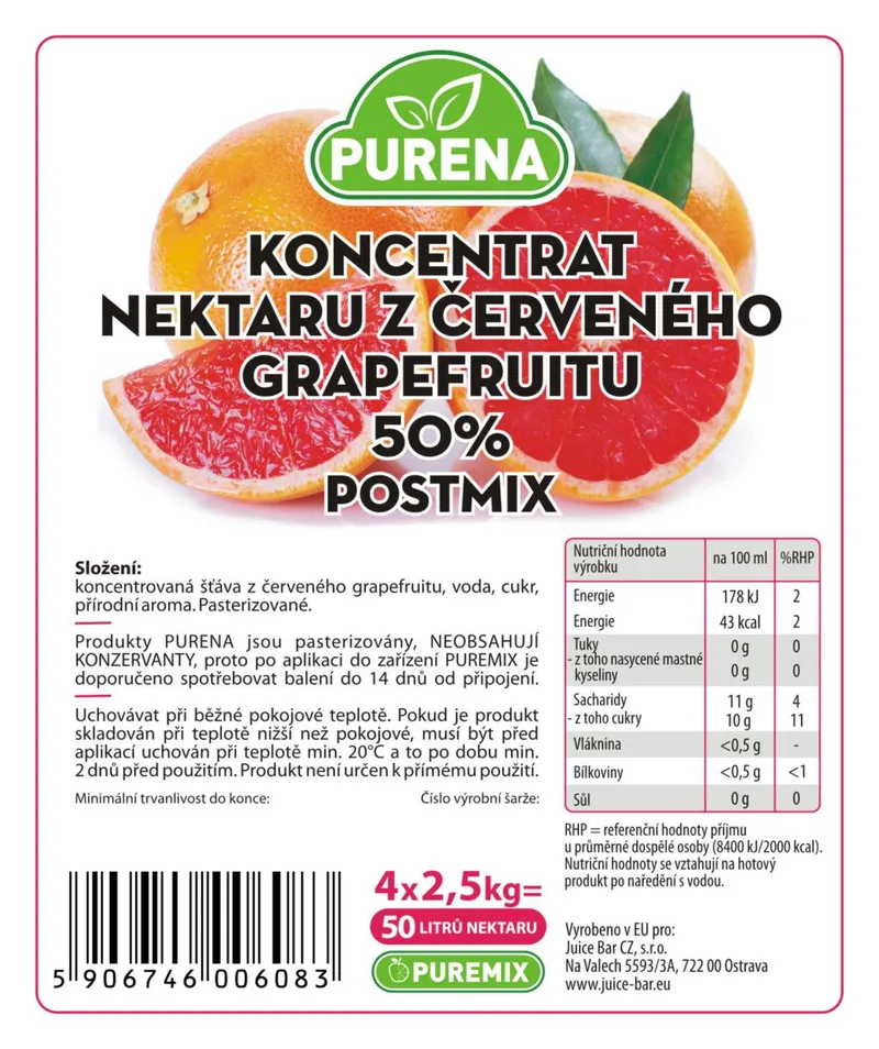 Purena Red Grapefruit drink Concentrate 1=10l BiB (60L Džusu)