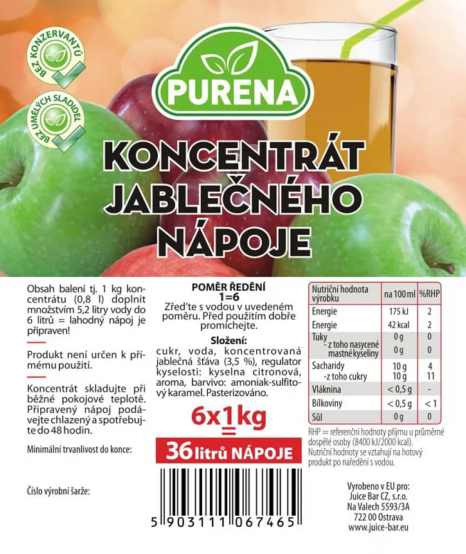 Purena apple drink Concentrate 1=10l BiB (60L Džusu)