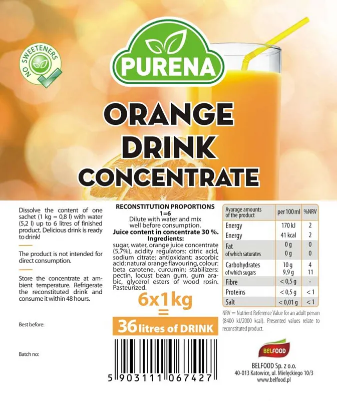 Purena orange drink Concentrate 1=10l BiB (60L Džusu)