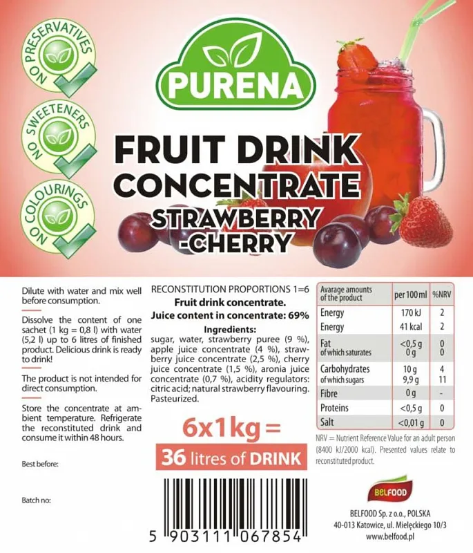 Purena Strawberry-Cherry drink Concentrate 1=6l BiB (36l Džusu)