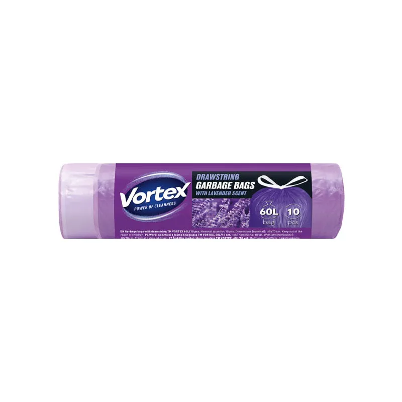 Pytle do koše Vortex stahovací - 60x70 cm / 60l / 10ks / s vůní levandule