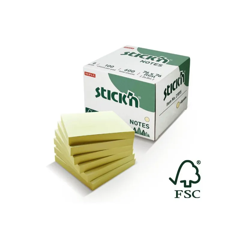Samolepicí bločky Stick´n by Hopax FSC - 76 x 76 mm / 6 x 100 lístků / pastelově žlutá