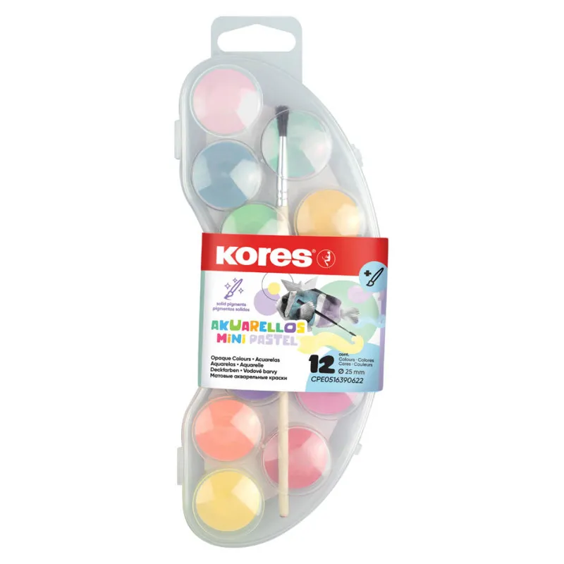 Vodové barvy Kores Akuarellos - MINI / 12 pastelových barev + štětec